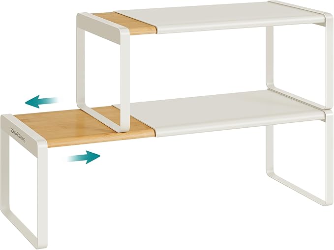 SONGMICS HOME Spice Racks, Expandable Cupboard Shelf Orgnizers, Kitchen Counter Shelves, Bamboo and Metal, Space-Saving Shelving, Stackable, Natural Beige and Cream White UKCS051N01