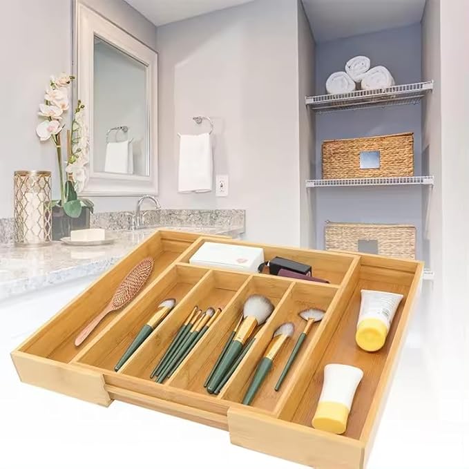 Bamboo Silverware Drawer Organizer Kitchen Utensil Holder -Expandable Cutlery Drawer Organizer with Dividers for Flatware, Storage Organizer (7 Slots)