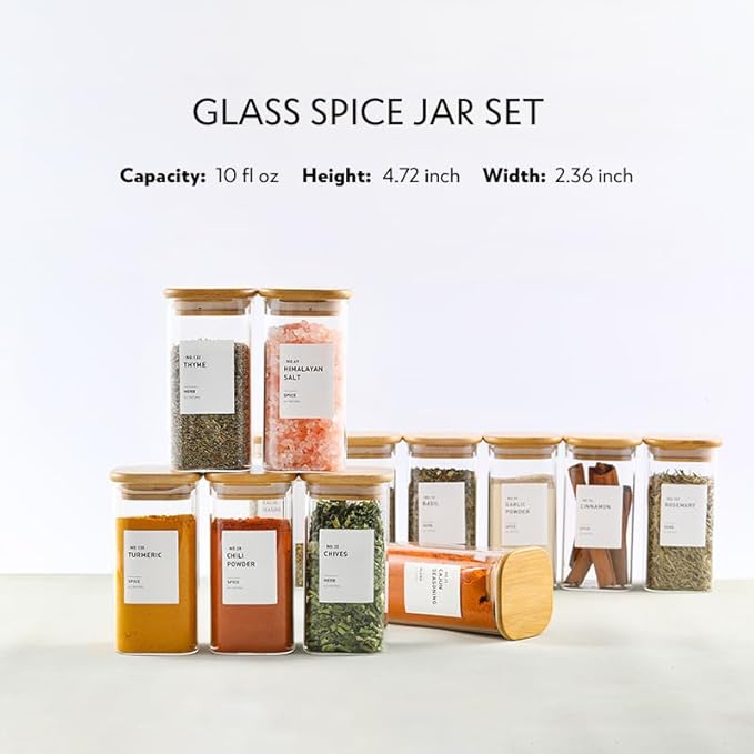 12Pcs Glass Spice Jars with Bamboo Airtight Lids, 10oz Spice Containers with 340 Preprinted Spice Labels of White and Black Color, Empty Seasoning Containers for Spice Salt Sugar Herb