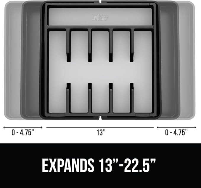 GORILLA GRIP Expandable Rubber Lined Silverware Organizer for Kitchen Drawers, Grip Feet to Stay in Place, Utensil Drawer Tray, Maximize Flatware Storage, BPA-Free Adjustable Cutlery Holder, Black