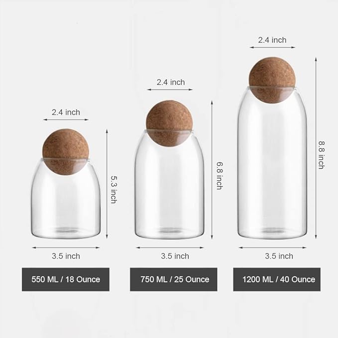 MOLFUJ 550ML/18Oz Glass Storage Container with Ball Cork, Cute Decorative Organizer Bottle Canister Jar with Air Tight Wood Lid for Food, Coffee, Candy, Bathroom Apothecary Cotton Swab Qtip Holder
