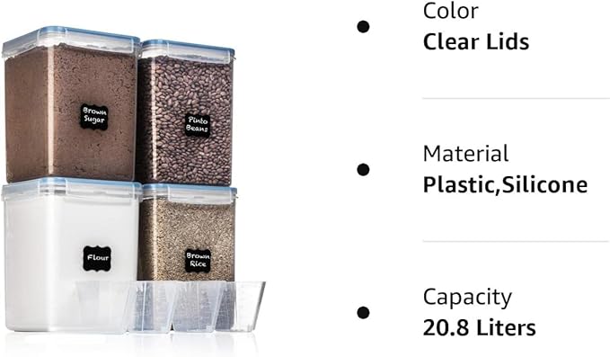 WHITE FEATHER SUPPLIES 4 Pcs Airtight Food Storage Containers with Lids, Cereal Containers Storage - Pantry Organization and Storage, BPA Free Plastic Food Storage Containers with Lids (4 x 5.2L)