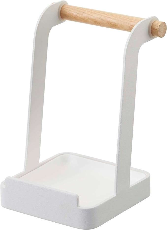 Yamazaki Home Ladle & Lid Rest - Kitchen Utensil Organizer Stand for Cooking Steel + Wood White