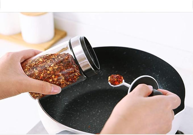 TENTA Kitchen 3 High Borosilicate Glass Spice Jars Seasonning Box Jar Condiment Jar, Combination Spoon and Lid Design, Premium Commercial Grade, Empty Jars 8.45 oz, Airtight Cap.