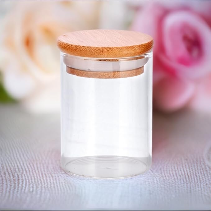 JUVITUS 2 oz Clear Glass Tall Borosilicate Jar with Bamboo Silicone Sealed Lid (6 Pack)