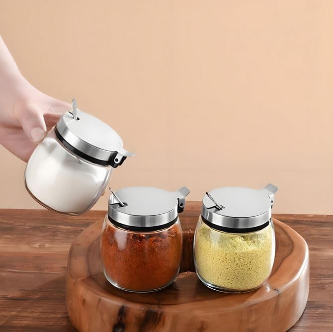 Hewnda 2Pcs Sugar Salt Container Set,8 oz glass jar with lid and spoon for storing condiments,coffee,sugar cubes,spices and more