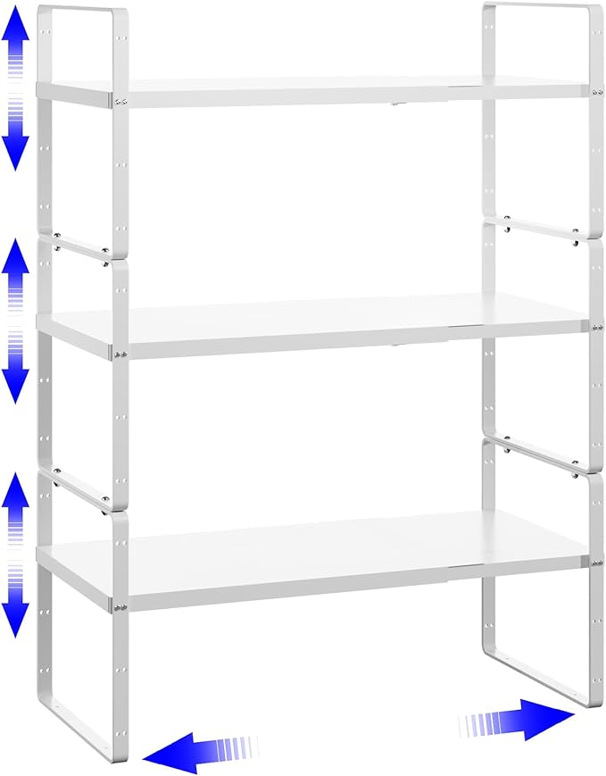 Expandable Cabinet Shelf Organizer, Stackable Kitchen Pantry Counter Storage, Adjustable Closet Cupboard Stand Rack Risers Spice Organization 80LBS Heavy Duty White 3 Pack
