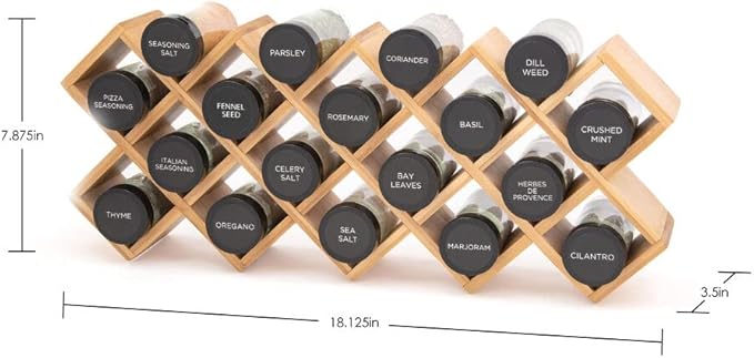 Kamenstein 18 Jar Criss-Cross 2-in-1 Spice Organizer for Countertop or Wall with Spices Included, FREE Spice Refills for 5 Years, Bamboo with Black Caps