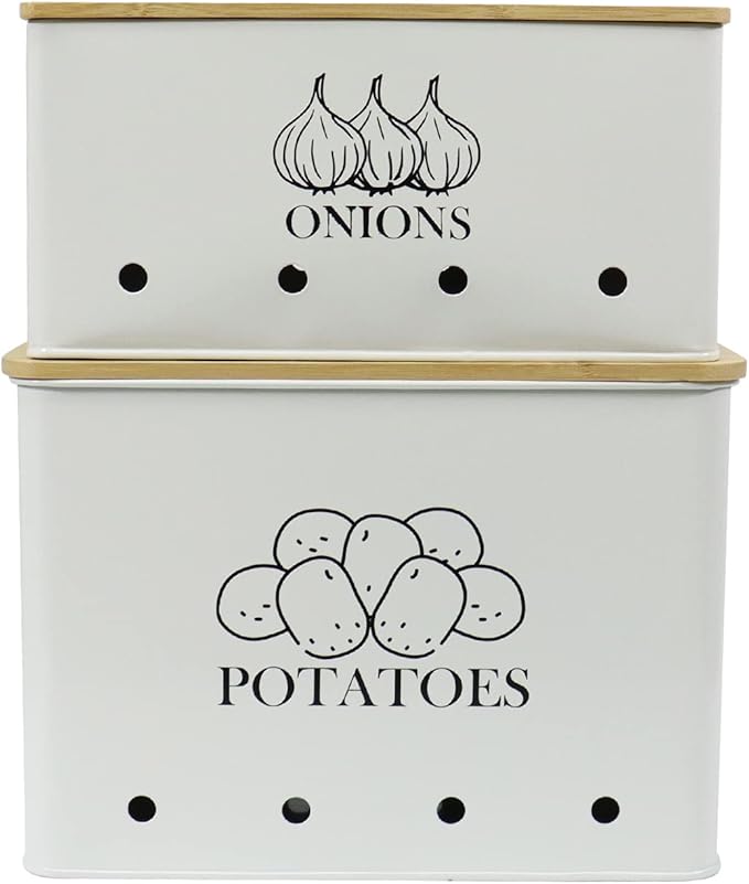 Potato Onion Kitchen Storage Canisters,Storage Bin For Kitchen 2 Pack Set,potatoe, Potato Storage Box,storage And Long Shelf Life With Aerating Tin Storage Holes-white