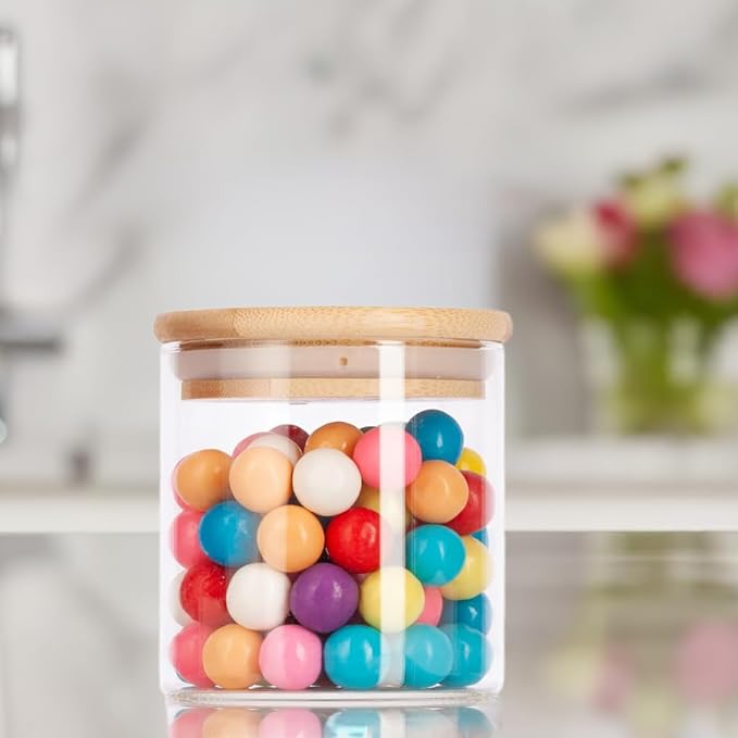JUVITUS 10 oz Clear Glass Borosilicate Jar with Bamboo Silicone Sealed Lid (6 Pack) Nuts Spice or Kitchen Storage