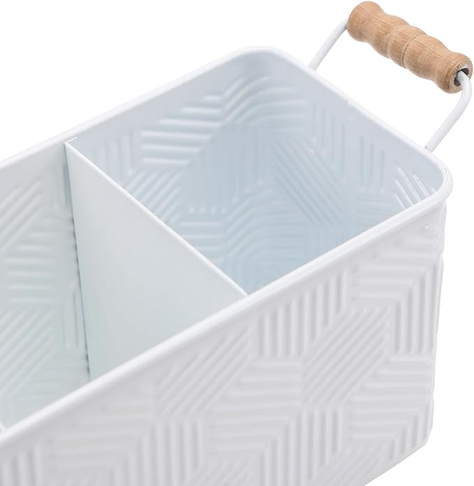 NIKKY HOME Farmhouse White Silverware Organizer with 3 Compartments Cutlery Caddy Kitchen Countertop Flatware Holder for Utensil, Spoons, Knives, Forks, Hexagon Stripe Embossed Pattern