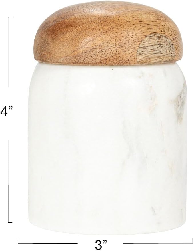 Creative Co-Op Marble and Mango Wood Pinch Pot with Lid, White and Natural