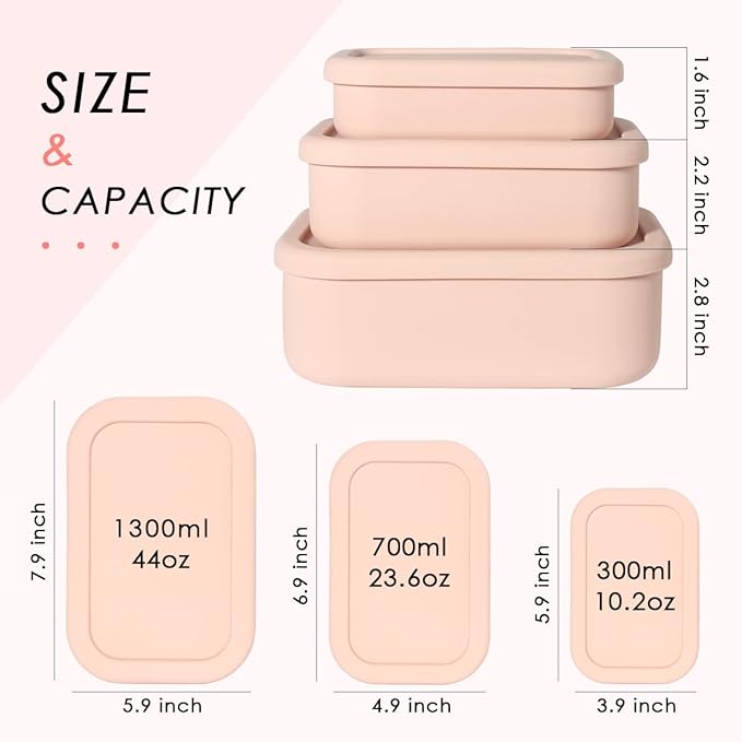 Silicone Food Storage Containers, Set of 3 Rectangular BPA-Free Silicone Lunch Box Containers with Lids, Airtight, Leak-Proof, Freezer, Microwave & Dishwasher Safe (10.2oz, 23.6oz, 44oz)