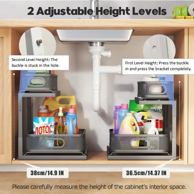 1 Pack-14.4"-14.9"IN Under Sink Organizers And Storage Height Adjustable,Mesh Under Cabinet Organizer For Kitchen,Bathroom-Black