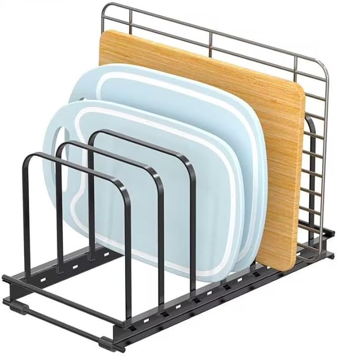 Cutting Board Organizer, 1Pcs Metal Bakeware Organizer Rack Holder Adjustable 7 Slots kitchen Cabinet Storage Rack for Cookie Cooking Sheet, Pan, Pot, Lids, Molds Cookware, 11.02x 5.91x5.51