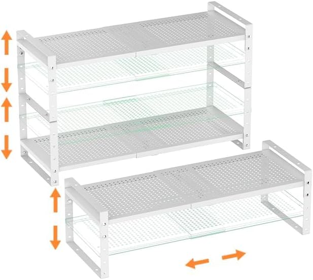Cabinet Organizer Shelf,Expandable Adjustable Stackable Kitchen Organizer,Metal Shelf risers for cabinets, Kitchens and desks(3Packs/White/Large)
