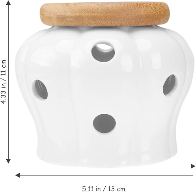 UPKOCH White Ceramic Garlic and Ginger Storage Container with Bamboo Lid, Ventilated Kitchen Canister, Ceramic Jar with Holes for Food Storage, 13x13x11cm