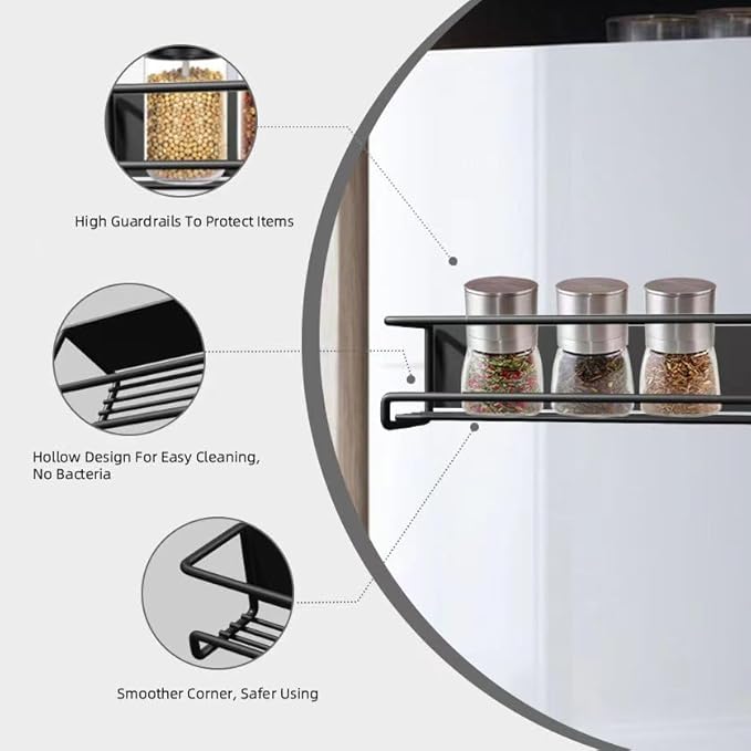 Magnetic Spice Rack for Refrigerator Magnetic Shelf for Side of Refrigerator Microwave Moveable and Powerful Magnetic, with 2 Spice Jars, Space Saving Kitchen Organizer (Black)