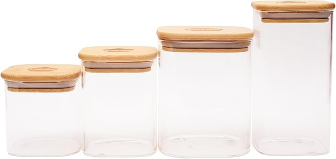 Glass Food Storage Jars Set of 4, (Square) Glass Storage Containers with Bamboo Lid Airtight For Serving Tea, Coffee, Flour, Sugar, Candy, Cookie, Spice and More