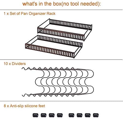 Toplife Pots and Pans Organizer Rack for Cabinet and Countertop, 10+ Pot Lids, Bakeware and Cookware Holder with 10 Adjustable Compartments - Black