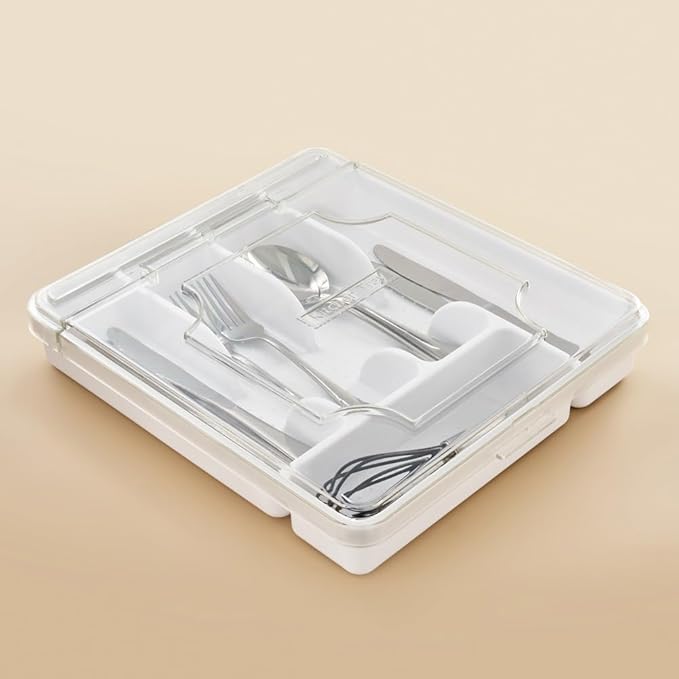 Silverware Organizer With Lid, Utensil Drawer Organizer. Removable Lid, 5 Slots Total Caddy for Flatware Cutlery Knives, Forks, Spoons.White