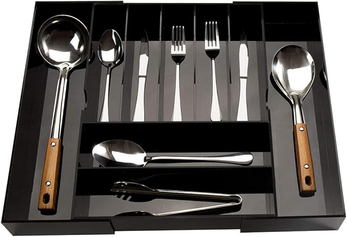 NIUBEE Expandable Kitchen Drawer Organizer for Flatware and Utensils,Black Acrylic Adjustable Silverware Tray for Drawer,Office,Bathroom Supplies-9 Compartments