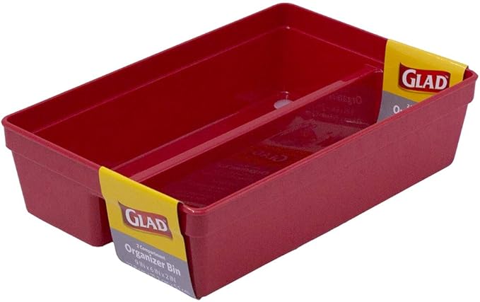 Glad Plastic Drawer Storage Tray – Heavy Duty Organizer Bin for Home, Kitchen, Bath, Bedroom, Office | Non-Slip Feet, Red, 2-Compartment