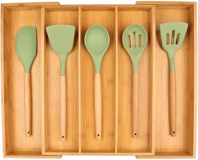 Bamboo Cutlery Drawer Organizer for Kitchen Utensils - Expandable Utensile Organzier with Drawer Dividers for Flatware, Silverware Knives in Kitchen, Bedroom, Living Room (5 Slots)