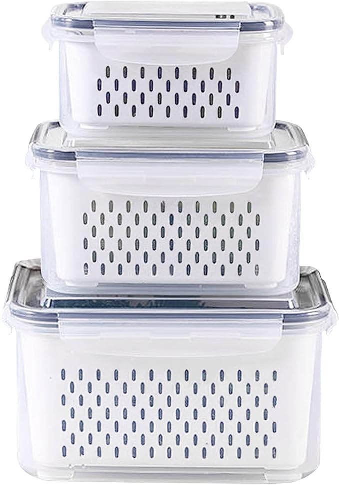 3Pack Fridge Food Storage Container Set with Lids with Strainer,Plastic Fresh Produce Saver Vegetable Fruit Meat Storage Organization, BPA-Free Plastic Produce Keepers(3.15L+1.7L+0.8L)