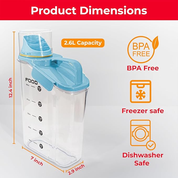 Two Pack Food & Cereal Storage Container - 2.6L Airtight Plastic Kitchen Organizer Bin with Pouring Spout, Measuring Cup Lid, Ideal for Dry Food, Rice, Sugar, Pet Food dispenser - BPA free (Blue)