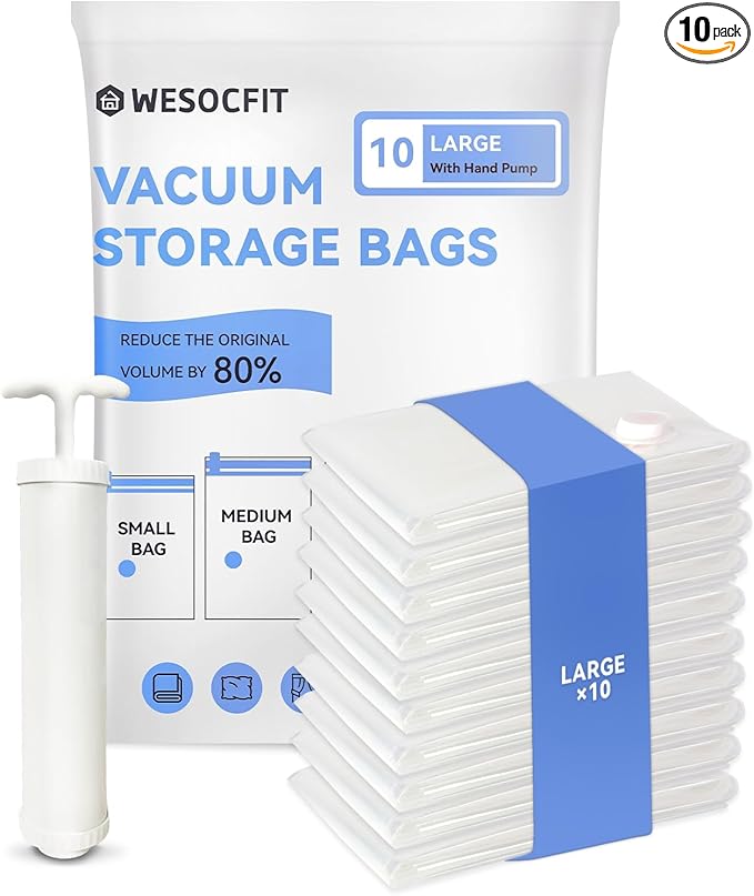 10 Large Vacuum Storage Bags, Vacuum Seal Bags for Clothing, Pillows, Comforters, Blankets, Space Saver Bags with Hand Pump