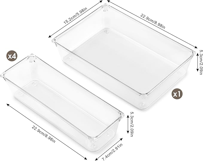 Cutlery Drawer Organizer Set, 5-Pieces Clear Plastic Utensil Storage Tray, Non-Slip Storage Bins for Kitchen Utensil, Silverware Cutlery, Makeup, Jewelry