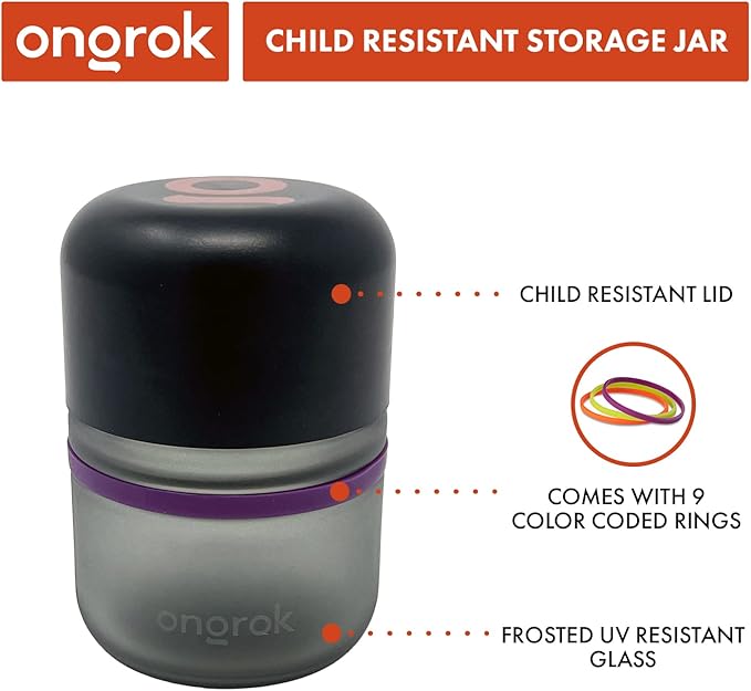 ONGROK Glass Storage Jar, 80ml, 6 Pack, UV Herb/Spice Jar with Child Resistant Lid, Color-Coded Glass Containers Air Proof to Preserve Smell and Aroma, Perfect Size to Store in a Drawer or Cupboard