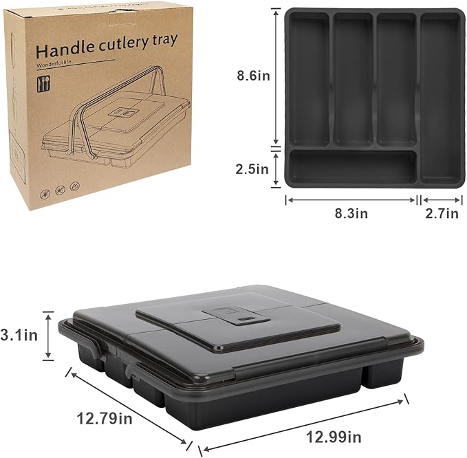Portable Utensil Holder for Countertop with Lid & Handle, Plastic Silverware Tray for Drawer Flatware Organizer, Black