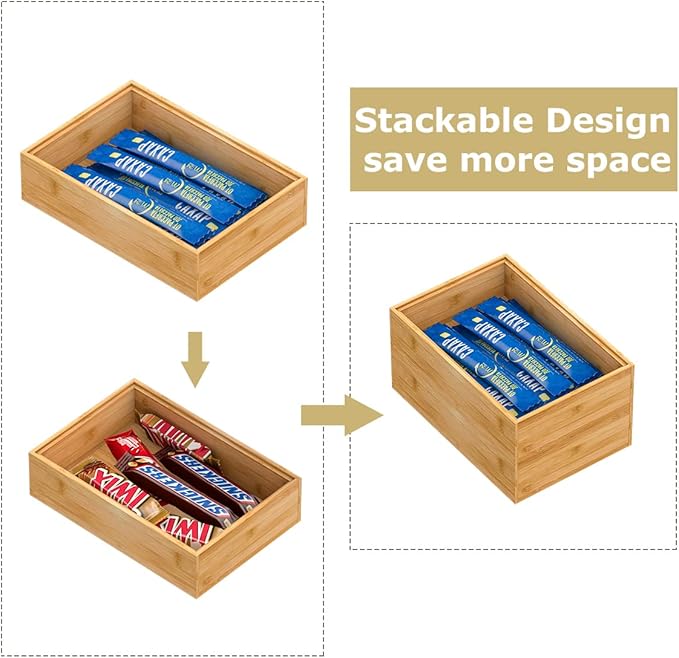 Bamboo Drawer Organizer Storage Box Kitchen - Wood Stackable Tray Set of 2 (9x6x2 inch)