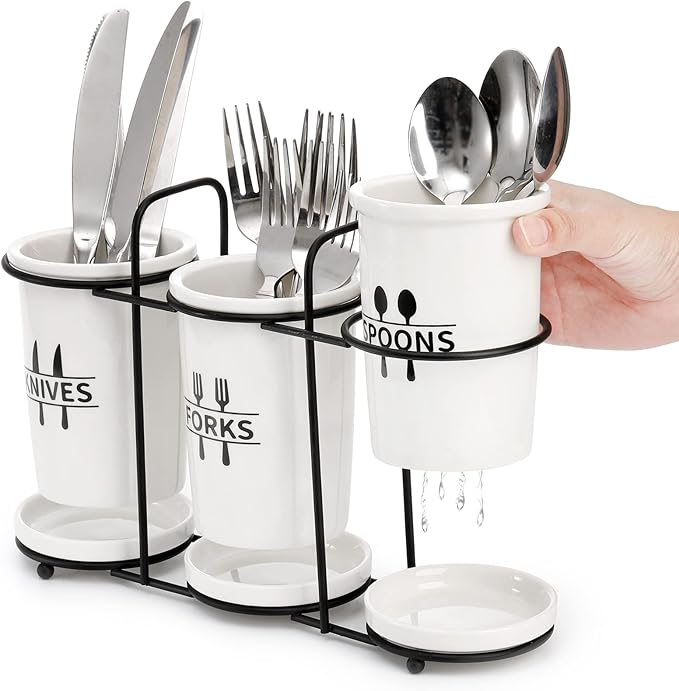Fasmov Flatware Holder, 3-Piece Silverware Caddy Utensil Holder Ceramic Flatware Caddy with Metal Rack, Flatware Caddy White Ceramic Cutlery Organizer for Forks, Spoons, Knives