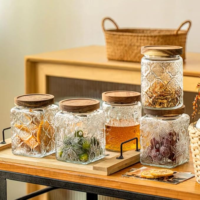 Vintage Glass Jar, 23.7 FL OZ Glass Food Storage Container, Decortive Glass Jar with Airtight Lid, Cookie Jar Sugar Container for Kitchen Counter Holds Coffee, Tea, Sugar or Bath Salts (Sunflower)