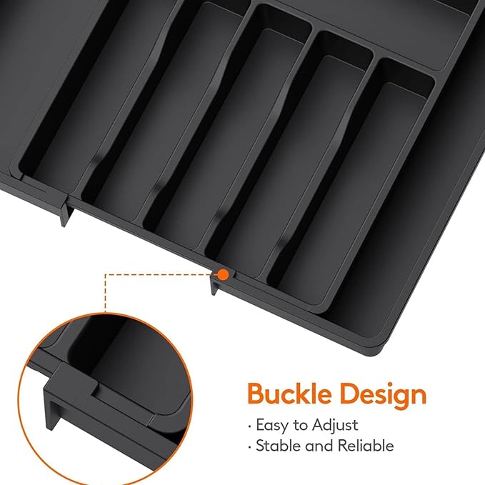 silverware drawer organizer, expandable silverware storage, utensil organizer, durable plastic cutlery storage box for forks, spoons, and knives - kitchen essentials for new home (black)
