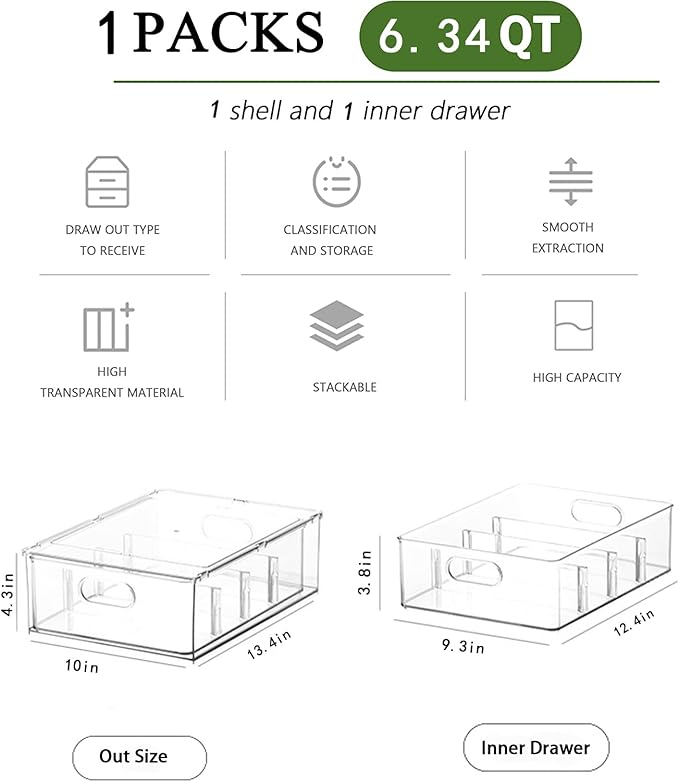 Stackable Clear Storage Drawer for Pantry Shelf, Fridge Organizer for Fruit, Vegetable, Vanity, Pantry Containers Organization(Extra Large)