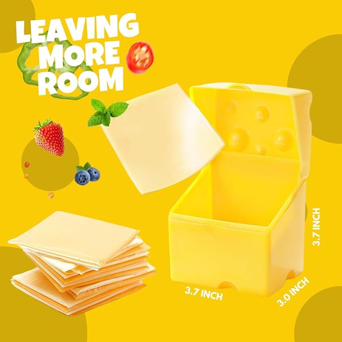 Cheese Container for Refrigerator, Sliced Cheese Container - BPA Free Plastic, Yellow, 3.7x3.7x3.7 inches, Holds 20-26 Slices, Playful Cow Design