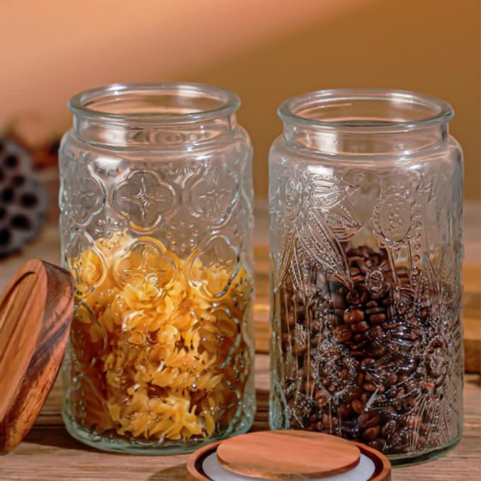 Vintage Glass Canister, 34 oz Glass Food Storage Jar - Round Sunflower Pattern for Kitchen, Coffee, Tea, Candy, Sugar