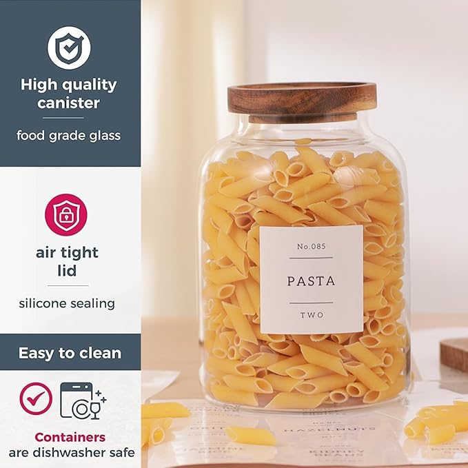 High Borosilicate Glass Jar with Airtight Acacia Lid and 132 Kitchen Panty Labels Preprinted - 67 Fl Oz Thicken Glass Food Storage Container Canister for Coffee, Brown Sugar, Candy, Cookie, Cereal