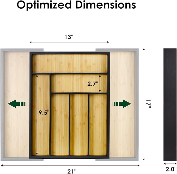 Cozee Bay Bamboo drawer organizer, utensil holder, silverware organizer, and adjustable cutlery tray with drawer dividers, for kitchen, office desk, and bathroom storage (Black)