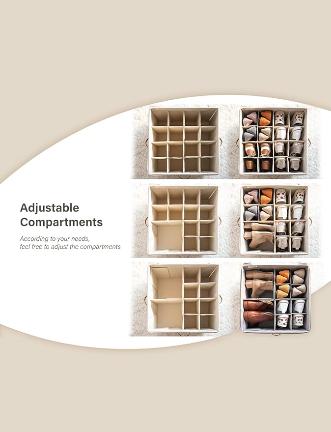 StorageWorks Shoe Organizer for Closet, Fits up to 24 Pairs, Shoe Cubby Storage Containers with Adjustable Dividers and Clear Cover, Mixing of Brown & Beige