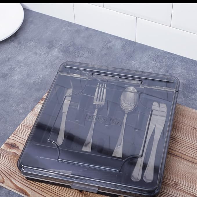 Silverware Organizer With Lid, Utensil Drawer Organizer. Removable Lid, 5 Slots Total Caddy for Flatware Cutlery Knives, Forks, Spoons.Black.