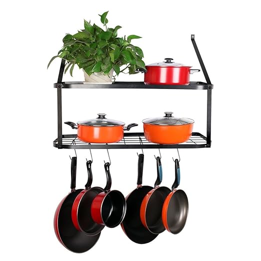 Vdomus Hanging Pot and Pan Organizer - Rustproof Wall Mounted Rack for Kitchen Storage - Durable, Thick Iron Material - 2-Tier Shelf with 10 Hooks for Utensils - Wall Mounted Black Pot Rack