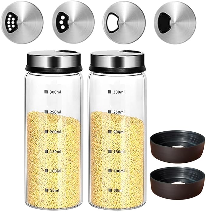 10 oz Glass Salt and Pepper Shaker Set with 304 Stainless Lid Adjustable Pour Holes Spice Jars Dispenser Seasoning Cans for Kitchen Decor and Home Restaurant Kitchen Accessories (2 Pcs, 300 ML)