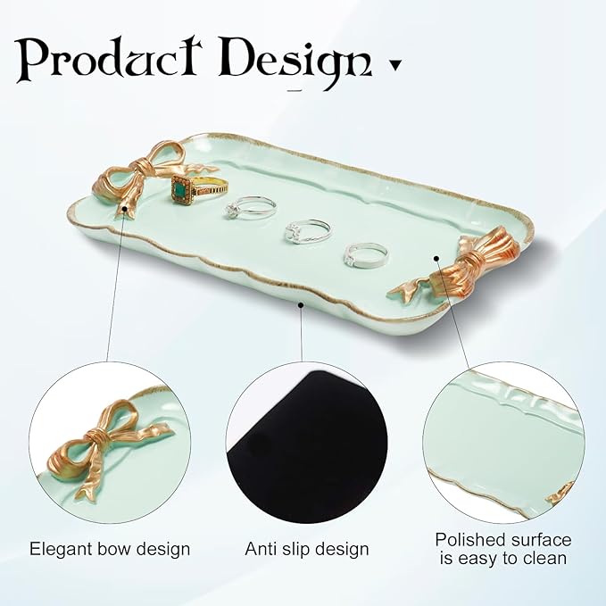 Vintage Decorative Tray Jewelry Tray Towel Tray Storage Tray Rings Necklace Bracelets Earrings Trays Cosmetics Jewelry Organizer Retro Design Bow Decor Resin Plate Coquette Room Decor (Green)