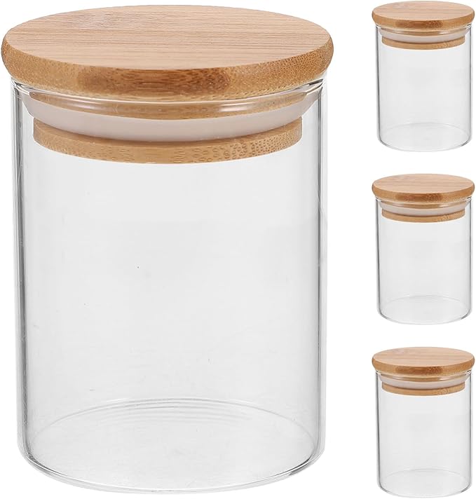 iplusmile 4 Pack Glass Food Storage Jars, 200ml/ 7oz Kitchen Containers with Airtight Bamboo Wooden Lids for Cookies, Nuts, Coffee Beans, Cereal, Pantry Organization