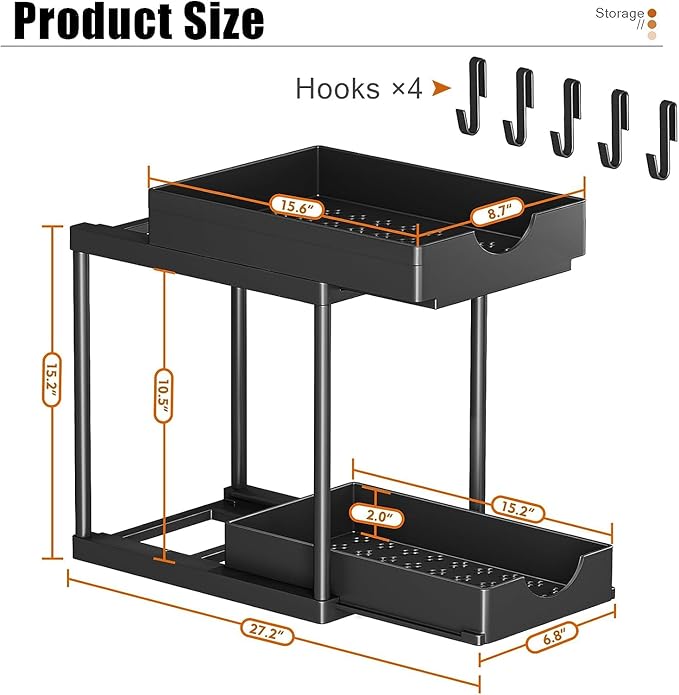 Under Sink Organizers and Storage Bathroom Organizer, 2 Tier Under Sliding Kicthen Cabinet Basket Organizer with Hooks, Hanging Cup, Dividers, Handles, Multi-purpose Under Sink Shelf Organizer